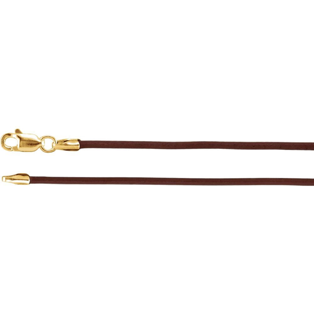 14k Yellow Gold Necklace - .4 Grams - 18 Inch Brown Leather 1.5mm Cord With Lobster Clasp