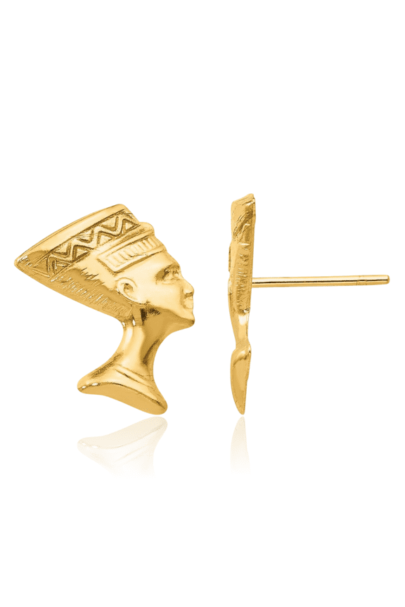 14K Solid Yellow Gold Queen Nefertiti Egyptian Goddess African Stud Earrings