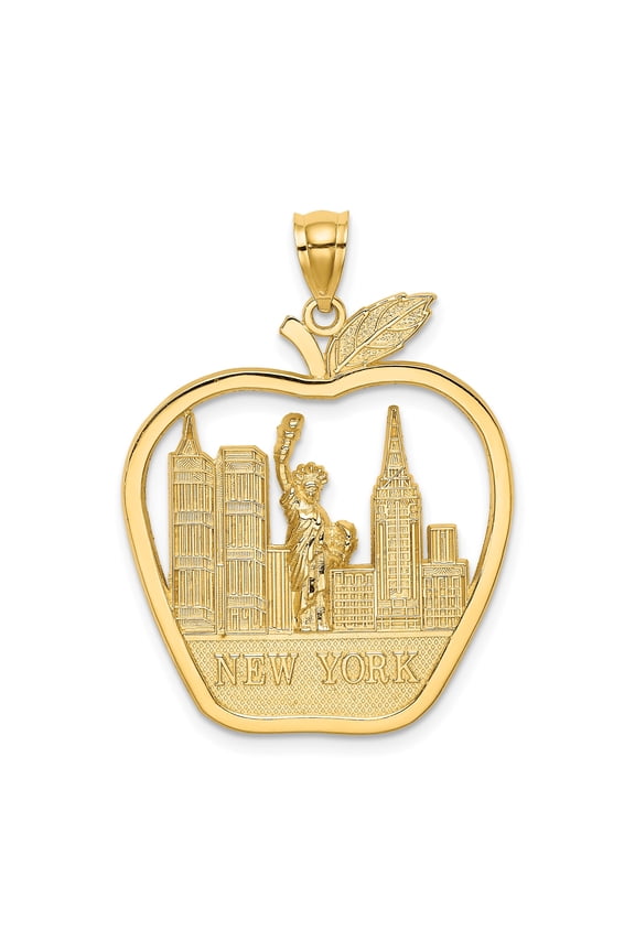 14k Yellow Gold New York City Pendant for Women or Unisex, Apple Shape with Skyline and Statue of Liberty, Urban Manhattan NYC Souvenir Necklace Charm