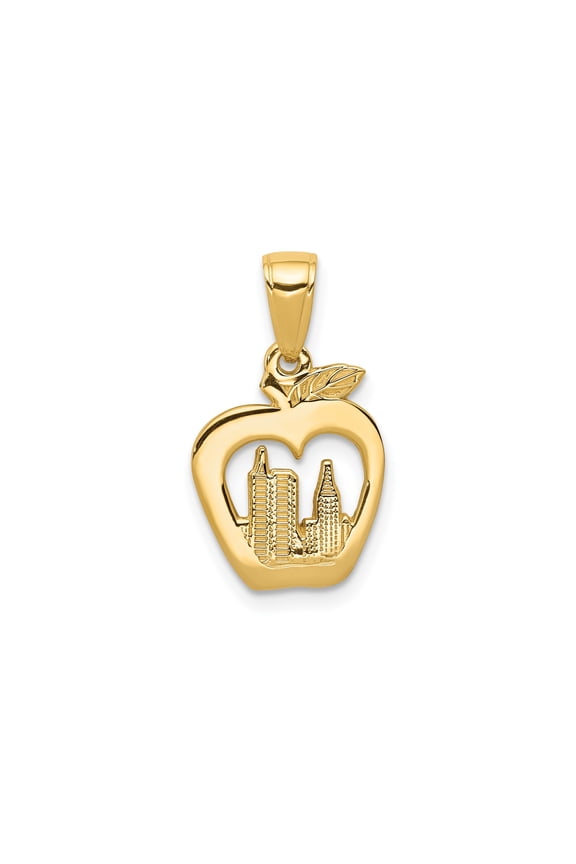 14k Yellow Gold New York City Skyline Pendant, Apple Shape Urban Necklace for Women or Unisex, NYC Symbolic Travel Jewelry with Cutout Design for City Pride and Modern Style