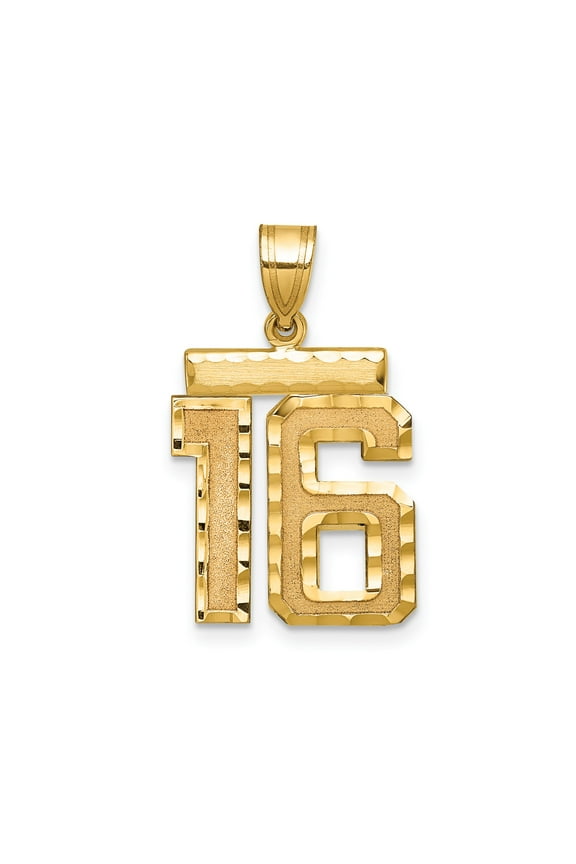 14k Yellow Gold Number 16 Pendant for Women or Unisex Wear, Polished Textured Charm for Sweet Sixteen, Milestone Birthday Necklace, Real Gold Coming of Age Jewelry