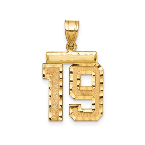 14k Yellow Gold Number 19 Pendant for Men or Unisex with Beveled Edges, Polished and Textured Finish, Sports Jersey Anniversary Birthday Milestone Necklace Charm