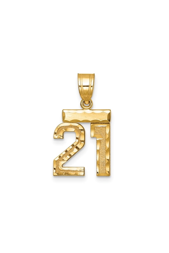 14k Yellow Gold Number 21 Pendant for Men or Women with Textured and Polished Finish, Milestone Jewelry for 21st Birthday or Adulthood Celebration