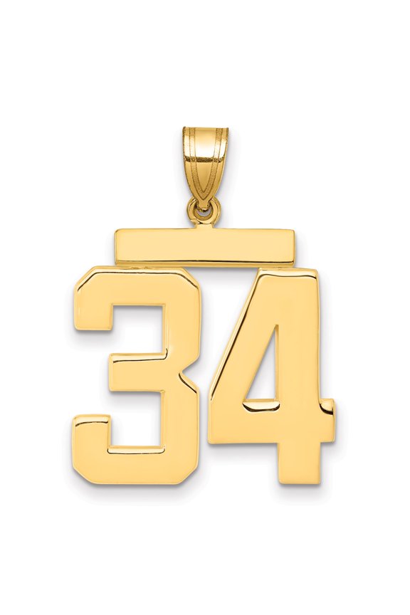 14k Yellow Gold Number 34 Pendant for Men or Unisex, Polished Block Style Necklace, Bold Athletic Jewelry for Sports Fans, Symbolic Charm for Anniversary or Birthday