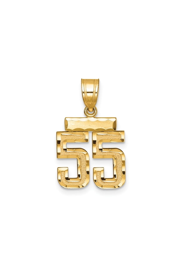 14k Yellow Gold Number 55 Pendant for Necklace, Unisex Double Digit Polished and Textured Charm, Sports Jersey Style Commemorative Milestone Jewelry