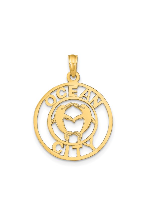 14k Yellow Gold Ocean City Dolphin Heart Pendant for Women or Unisex, Nautical Beach Charm, Coastal Travel Jewelry, Marine Love Symbol, Romantic Ocean Design