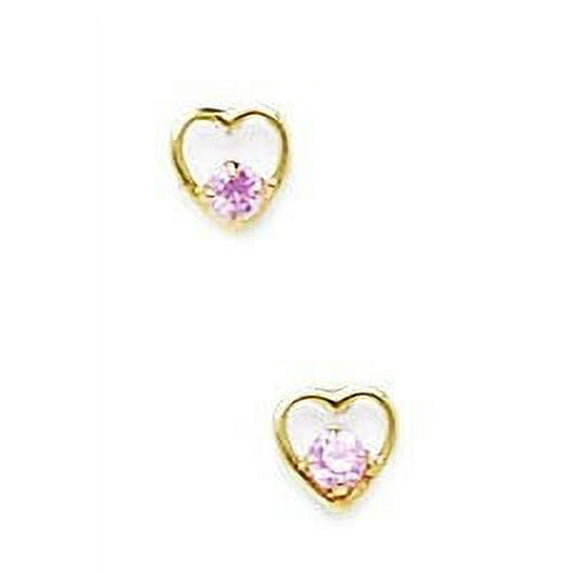 14k Yellow Gold October Pink 2x2mm CZ Heart Screw-Back Earrings - Measures 4x4mm