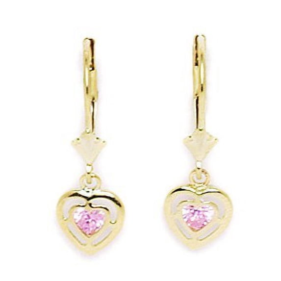 14k Yellow Gold October Pink 3x3mm CZ Heart Leverback Earrings - Measures 23x8mm