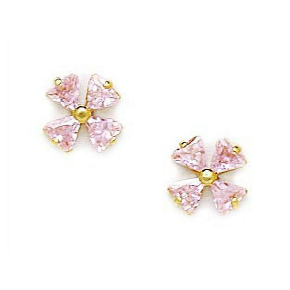 14k Yellow Gold October Pink CZ 4 Petal Flower Screw-Back Earrings - Measures 7x7mm