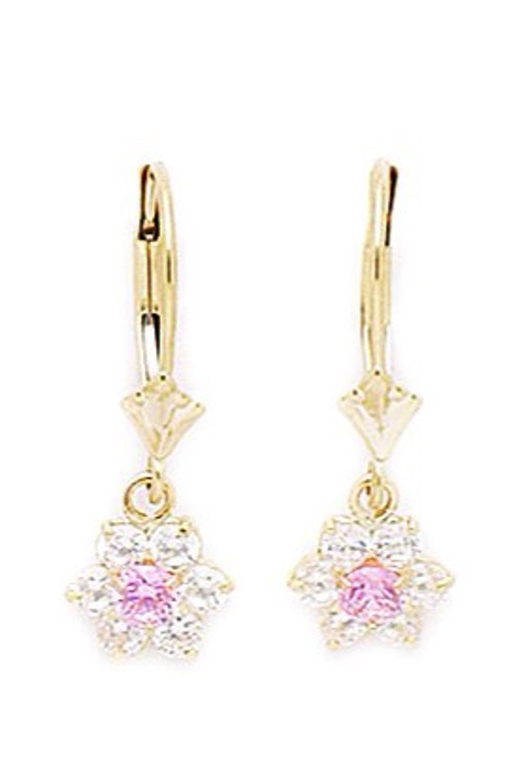 14k Yellow Gold October Pink CZ Flower Drop Leverback Earrings - Measures 23x8mm