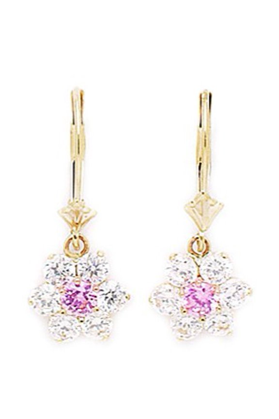 14k Yellow Gold October Pink CZ Flower Drop Leverback Earrings - Measures 25x10mm