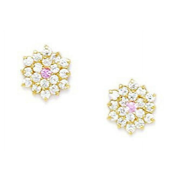 14k Yellow Gold October Pink CZ Hexagon Shaped Screw-Back Earrings - Measures 9x8mm