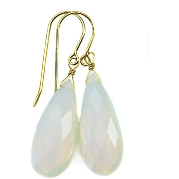 14k Yellow Gold Opalite Simulated Opal Earrings Faceted Long Cut Teardrops White Rainbow Iridescent Designed for Adult Women