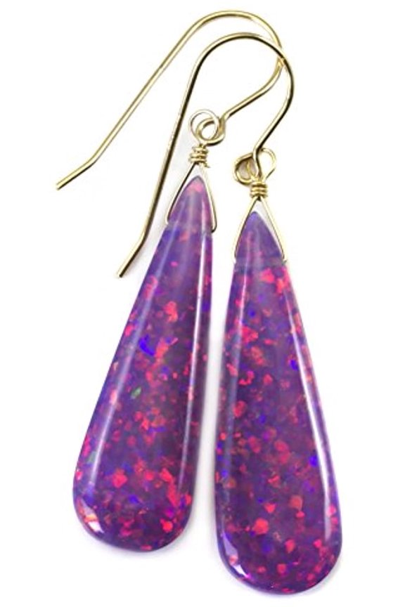 14k Yellow Gold Opalite Simulated Opal Earrings Long Purple Lavender Smooth Teardrops Pink Green Designed for Adult Women