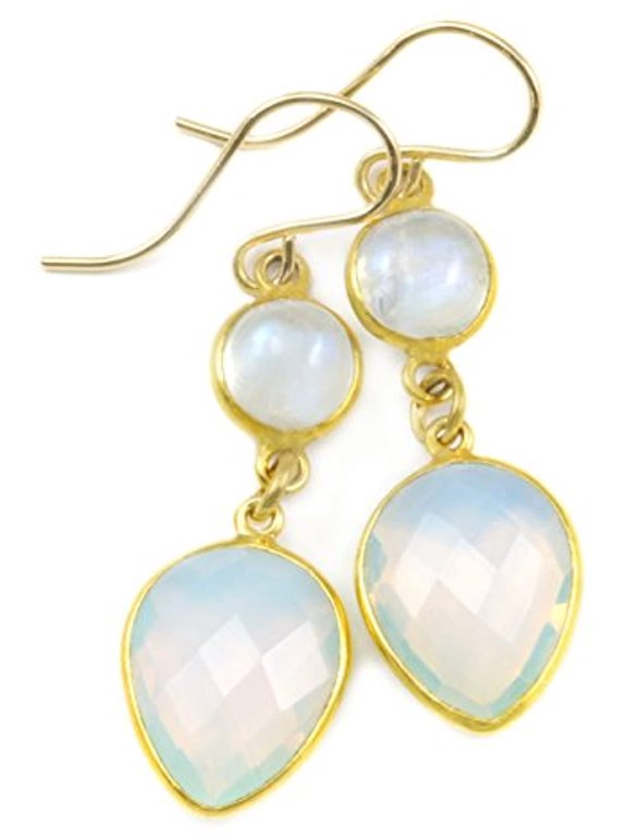 14k Yellow Gold Opalite Simulated Opal Rainbow Moonstone Earrings Faceted Goldtone Bezeled Drops Long Designed for Adult Women