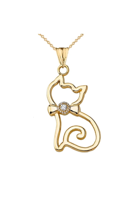14k Yellow Gold Openwork Diamond Cat Pendant Necklace, 18" Chain