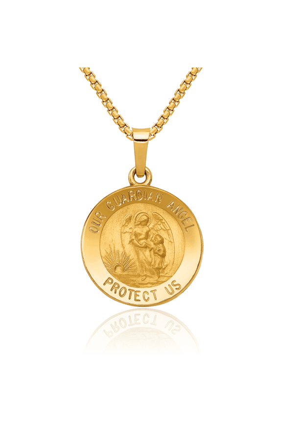 14K Solid Yellow Gold Our Guardian Angel Wings Medal Necklace Protect Us Cherub Pendant Religious Charm