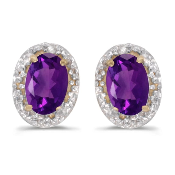 14k Yellow Gold Oval Amethyst And Diamond Earrings