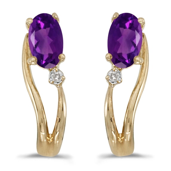 14k Yellow Gold Oval Amethyst And Diamond Wave Earrings