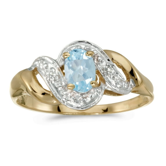 14k Yellow Gold Oval Aquamarine And Diamond Swirl Ring
