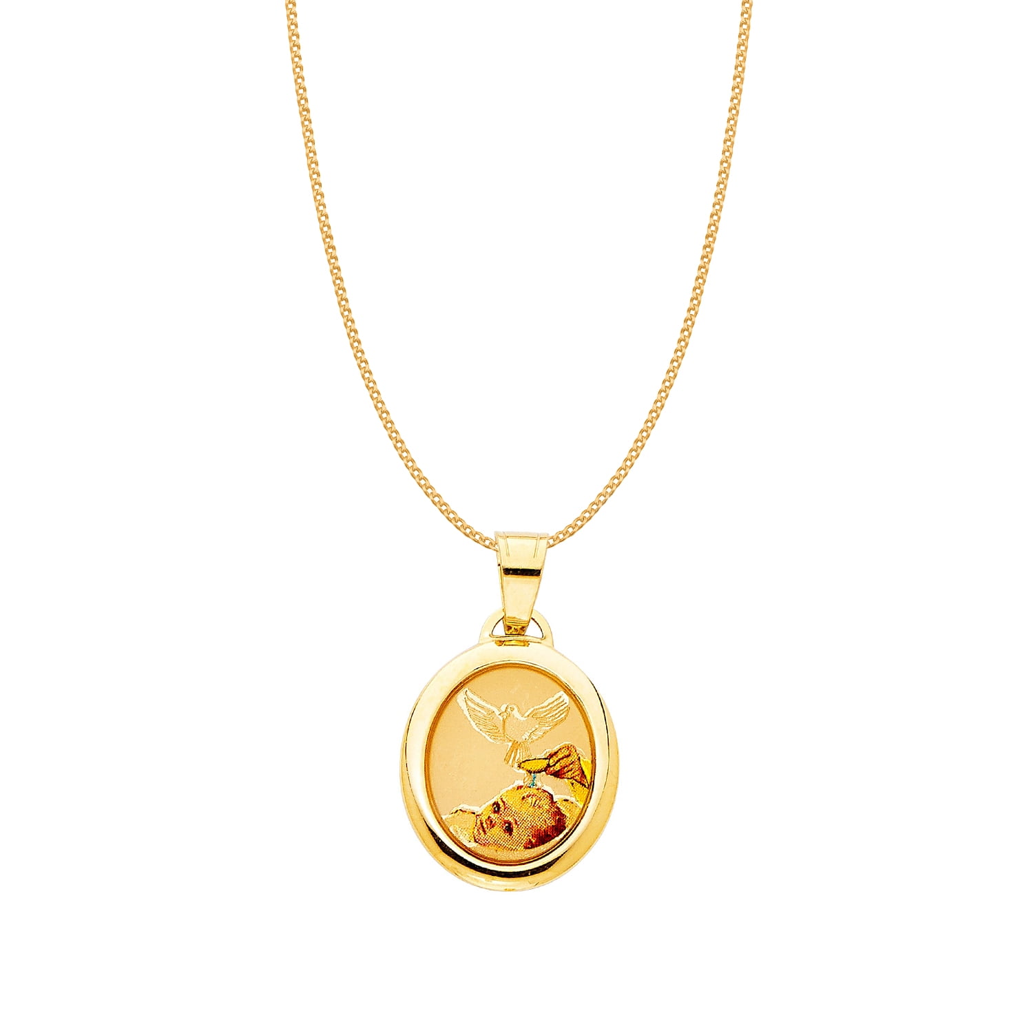 14k Yellow Gold Oval Baptism Pendant with 0.8-mm Yellow Gold Square Wheat Chain