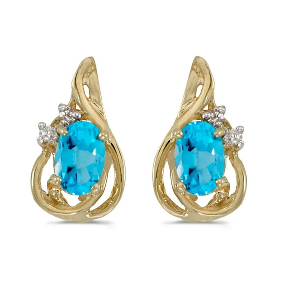 14k Yellow Gold Oval Blue Topaz And Diamond Teardrop Earrings
