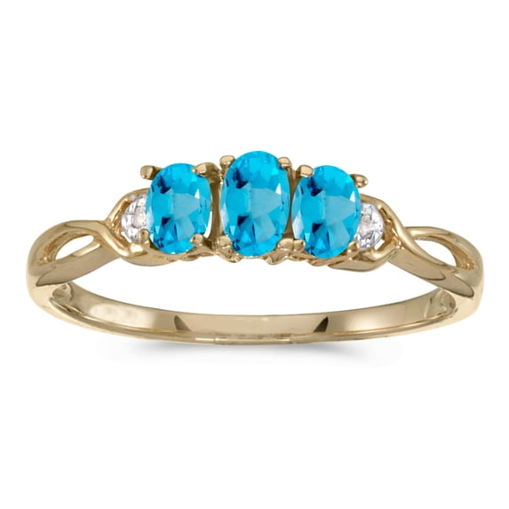 14k Yellow Gold Oval Blue Topaz And Diamond Three Stone Ring