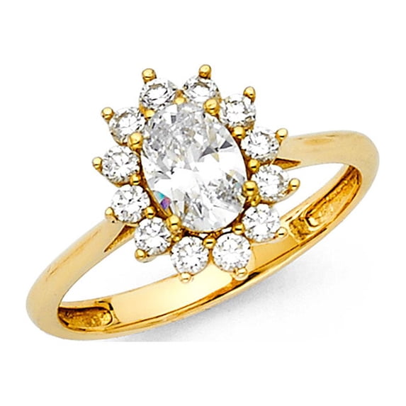 14k Yellow Gold Oval CZ Halo Engagement Ring Anniversary Flower CZ Ring Bridal Solitaire Band Size 7