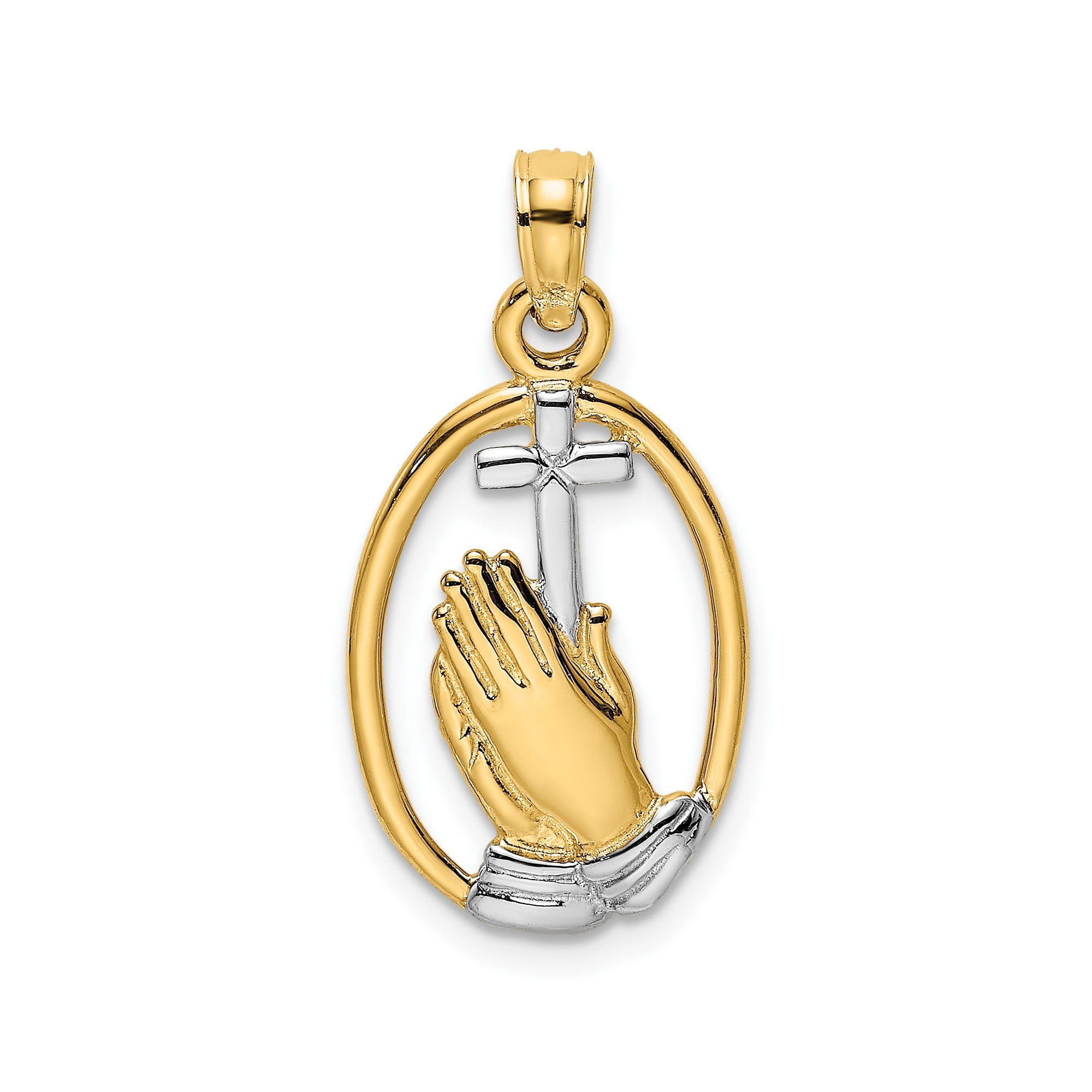 14k Yellow Gold Oval Cross Pendant Necklace with Praying Hands and Dual ...