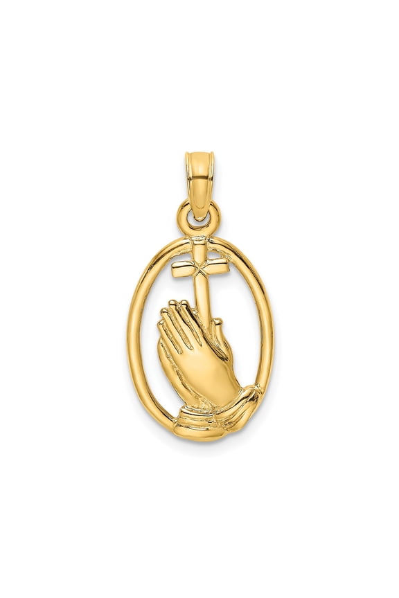 14k Yellow Gold Praying Hands Cross Pendant Charm, Polished Religious Oval Design