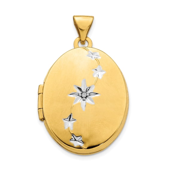 14k Yellow Gold Oval Locket Pendant for Women with Rhodium Star and Flower Design, Sentimental Keepsake Jewelry Symbolizing Guidance and Remembrance