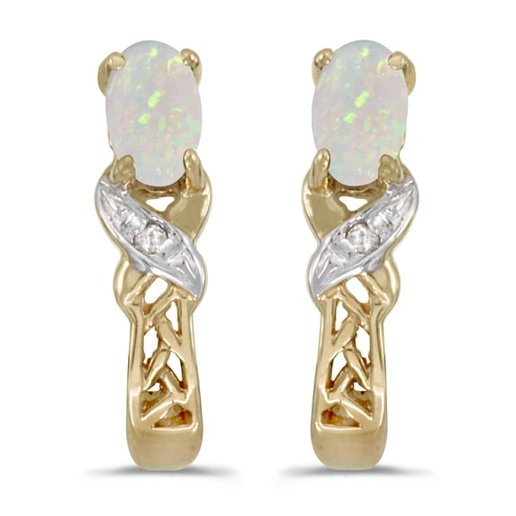 14k Yellow Gold Oval Opal And Diamond Earrings