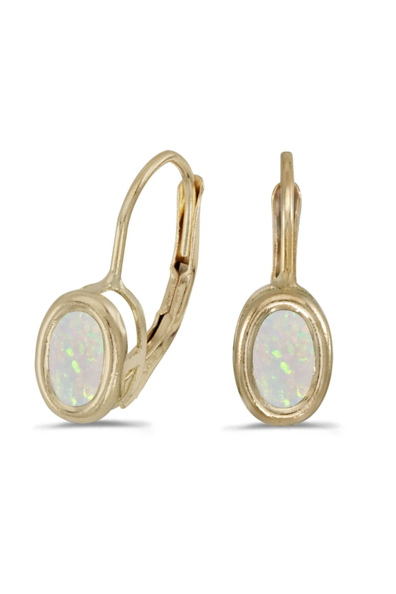 14k Yellow Gold Oval Opal Bezel Lever-back Earrings