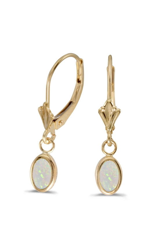 14k Yellow Gold Oval Opal Bezel Lever-back Earrings