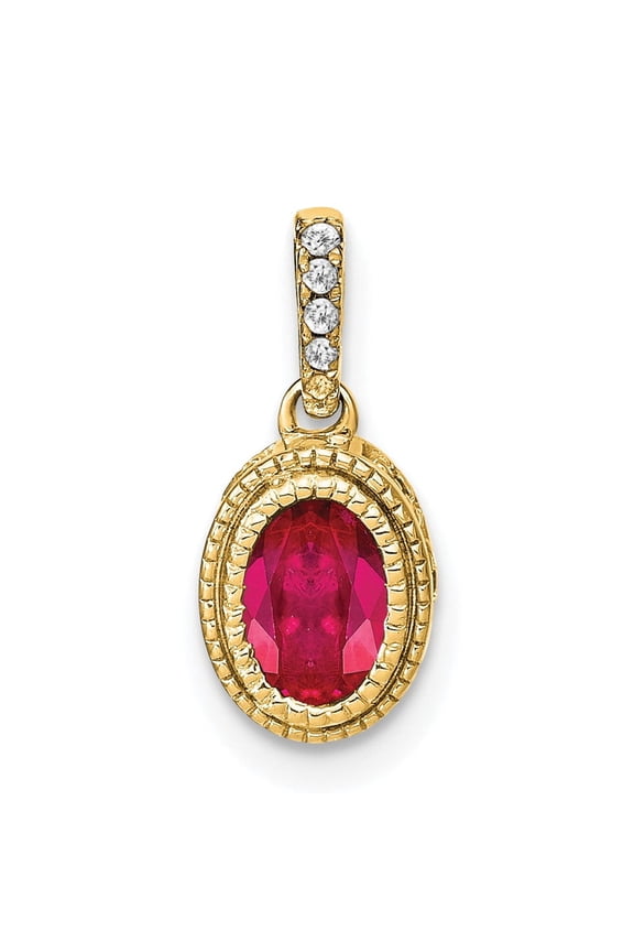 14k Yellow Gold Oval Red Gemstone Pendant for Women with Diamond Accent Bail, Textured Bezel Setting, Ruby Birthstone Necklace, Romantic Fine Jewelry Accessory