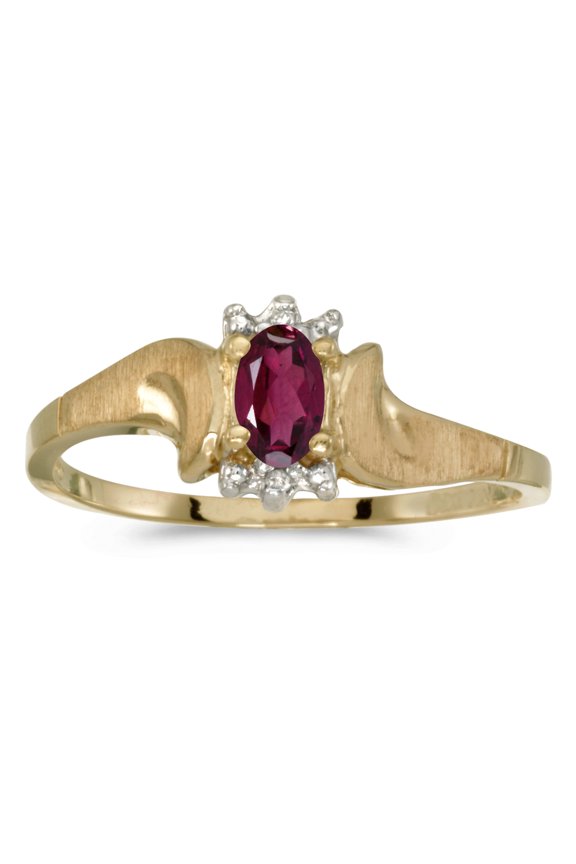 14k Yellow Gold Oval Rhodolite Garnet And Diamond Satin Finish Ring