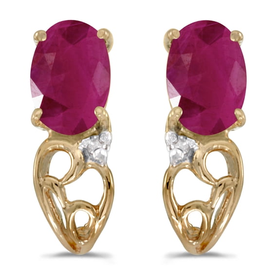 14k Yellow Gold Oval Ruby And Diamond Earrings