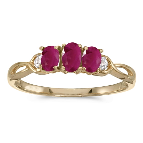 14k Yellow Gold Oval Ruby And Diamond Three Stone Ring