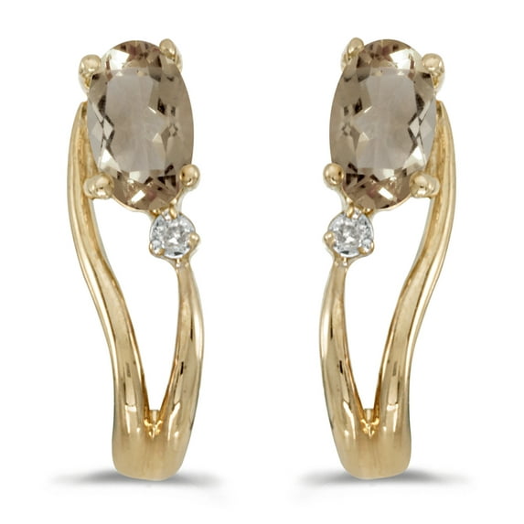 14k Yellow Gold Oval Smokey Topaz And Diamond Wave Earrings