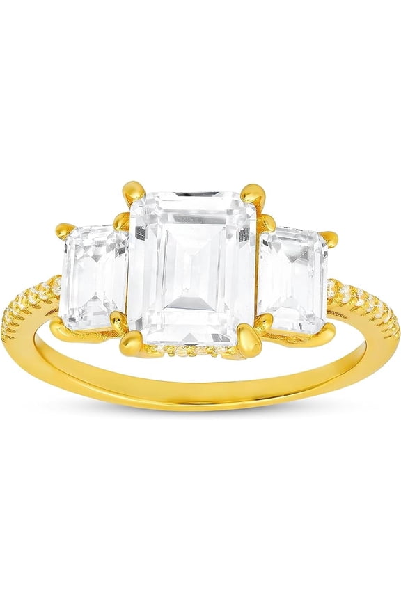14k Yellow Gold Over Silver 3-Stone Emerald-cut Diamond Cubic Zirconia Ring | Engagement Ring, Wedding Rings for Women