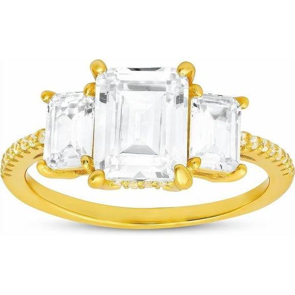 14k Yellow Gold Over Silver 3-Stone Emerald-cut Diamond Cubic Zirconia Ring | Engagement Ring, Wedding Rings for Women