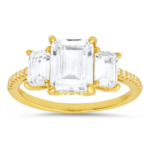 14k Yellow Gold Over Silver 3-Stone Emerald-cut Diamond Cubic Zirconia Ring | Engagement Ring, Wedding Rings for Women