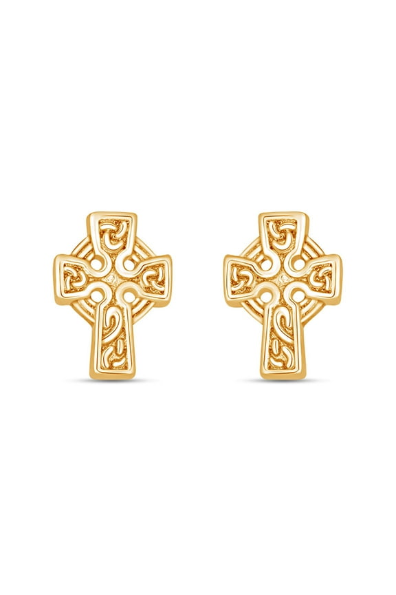 14k Yellow Gold Over Sterling Silver Plain Metal Celtic Faith Cross Stud Earrings For Womens