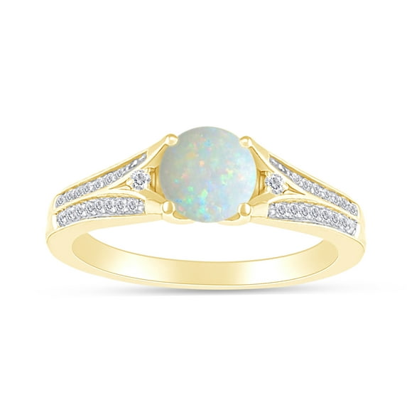 14k Yellow Gold Over Sterling Silver Round Cut Lab Created Opal & Simulated White Sapphire Split Shank Engagement Ring For Women Ring Size-7