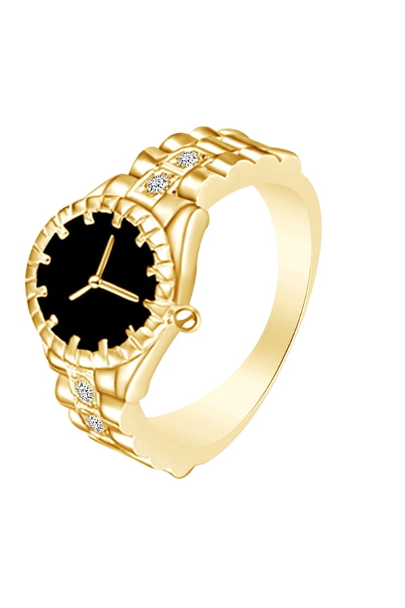 14k Yellow Gold Over Sterling Silver Round Shape White Cubic Zirconia Watch Shape Ring
