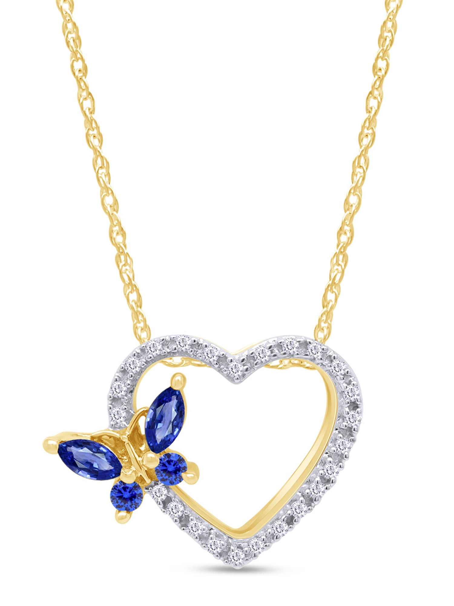 14k Yellow Gold Over Sterling Silver Simulated Blue Sapphire And Sparkling White Cubic Zirconia Butterfly Open Heart Pendant Necklace With 18" Chain