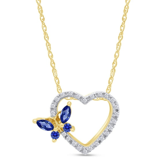 14k Yellow Gold Over Sterling Silver Simulated Blue Sapphire And Sparkling White Cubic Zirconia Butterfly Open Heart Pendant Necklace With 18" Chain