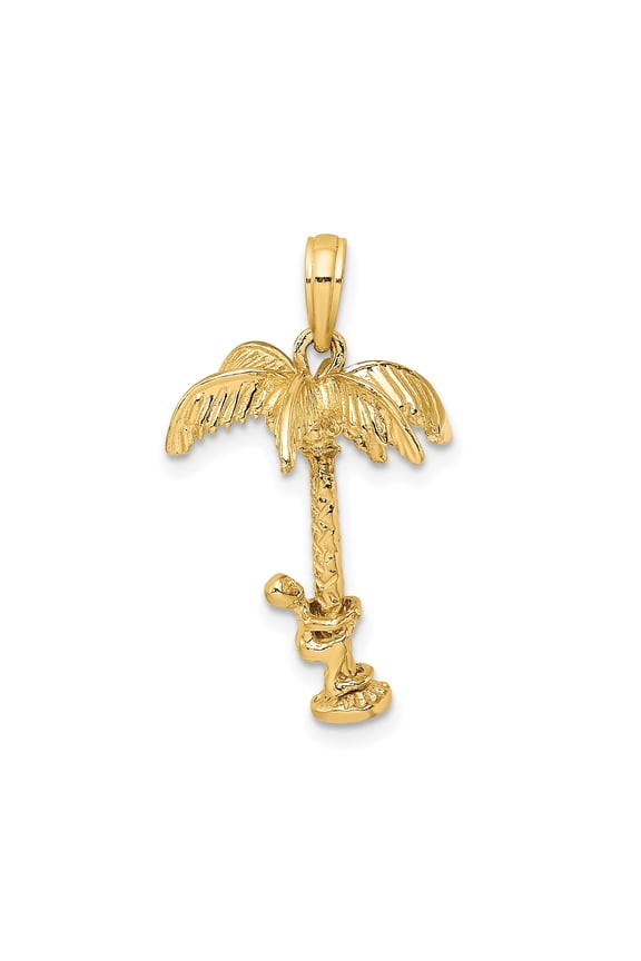14k Yellow Gold Palm Tree Pendant with Climber Figure, Tropical Island Symbolic Jewelry for Men and Women, Beach Life Summer Fashion Coastal Style Necklace Charm
