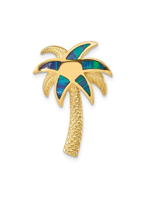 14k Yellow Gold Palm Tree Pendant with Blue Green Opal Inlay for Women, Tropical Beach Necklace, Summer Ocean Jewelry, Casual Island Style Charm
