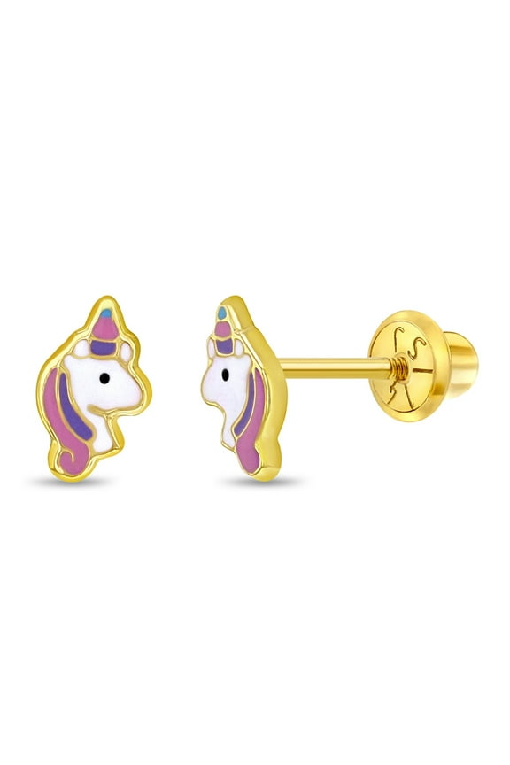 14k Yellow Gold Pastel Enamel Unicorn Screw Back Earrings for Little Girls